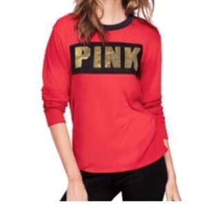 New Victoria’s Secret PINK Long Sleeve Ringer T Shirt Large Red Gold